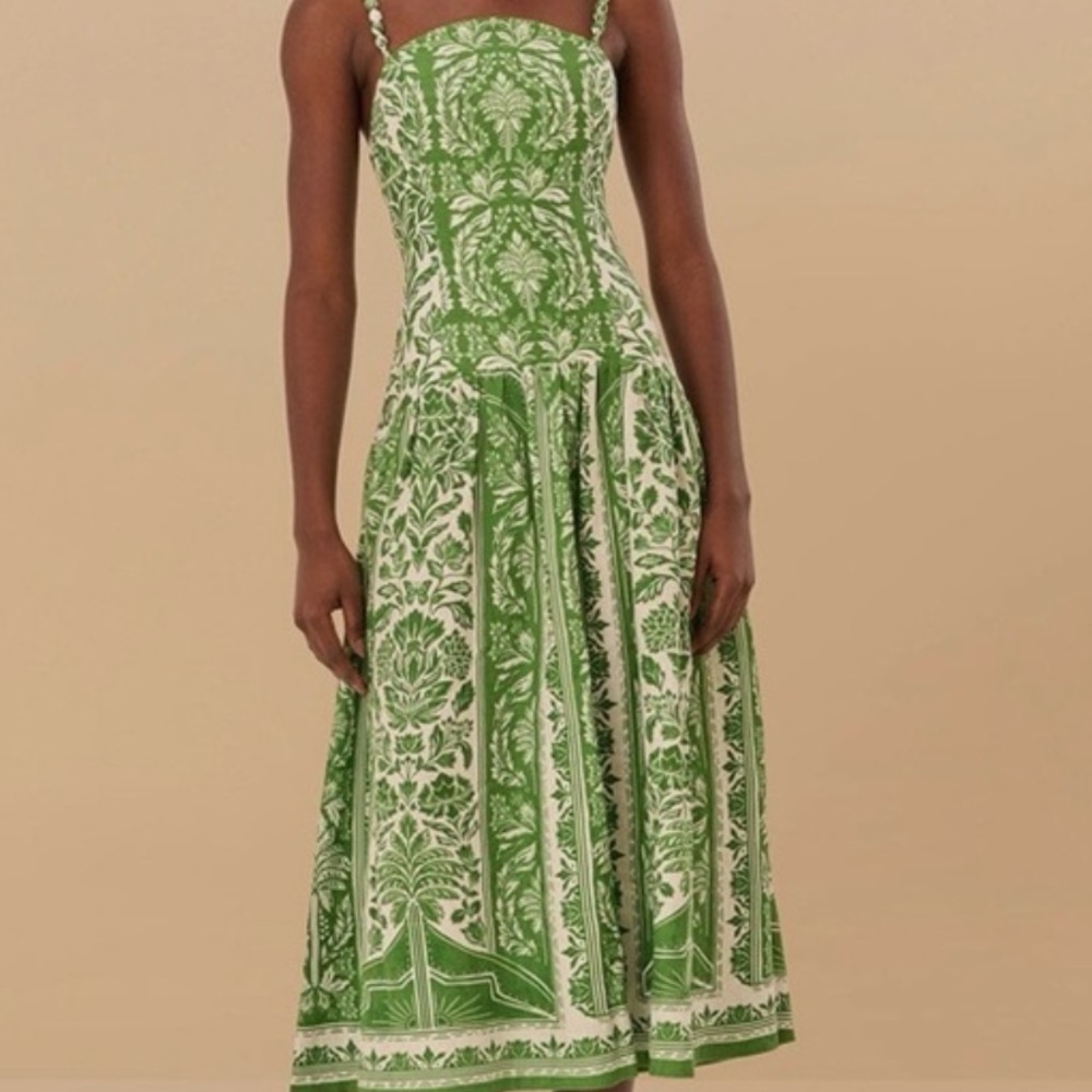 FARM Rio Linen Tapestry Green and White Midi Dress